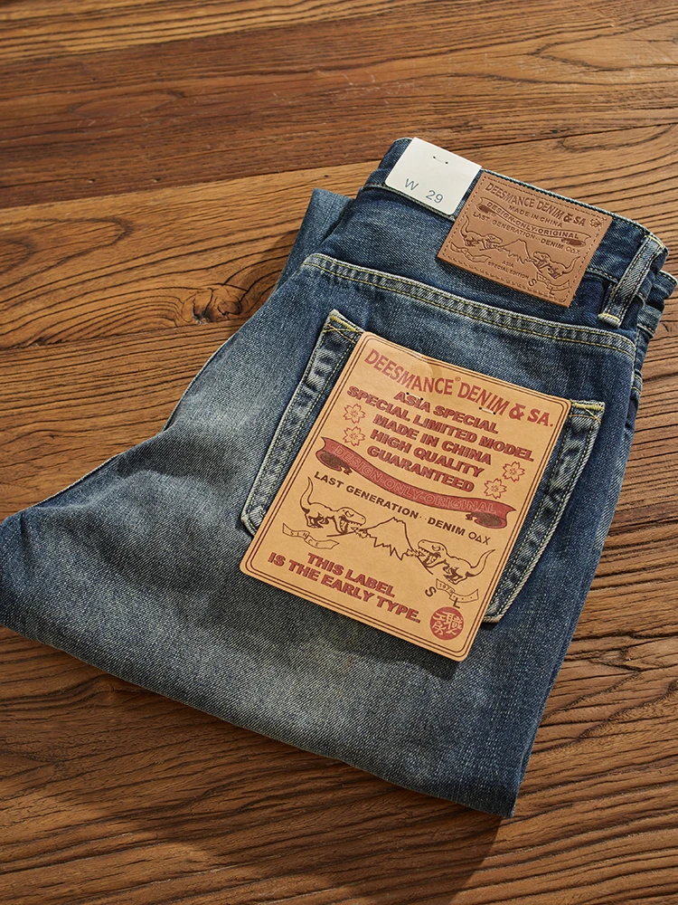 Jeans denim Selv da uomo autunno inverno gamba dritta casual pantaloni lunghi retrò con baffi vintage di grandi dimensioni