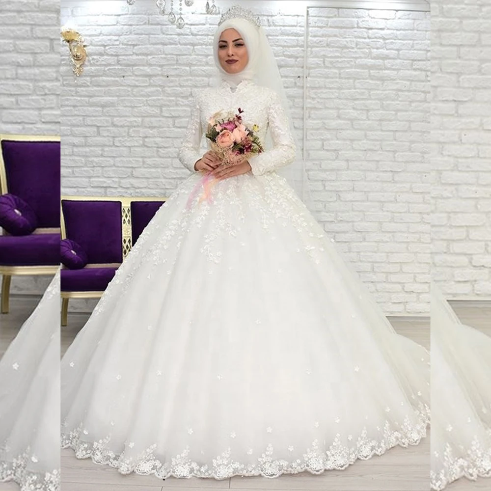 

White Muslim Wedding Dresses with Hijab High Neck Long Sleeve Luxury Church Bride Dress Appliques Pearls Bridal Gowns Customized