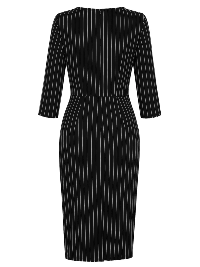 Elegantes Damenkleid mit Rundhalsausschnitt, 3/4-Ärmeln, Gerafftem Design, Schwarz Diagonal Gestreift, Figurbetont, Business-Casual Bleistift-Midikleid – Detail 2
