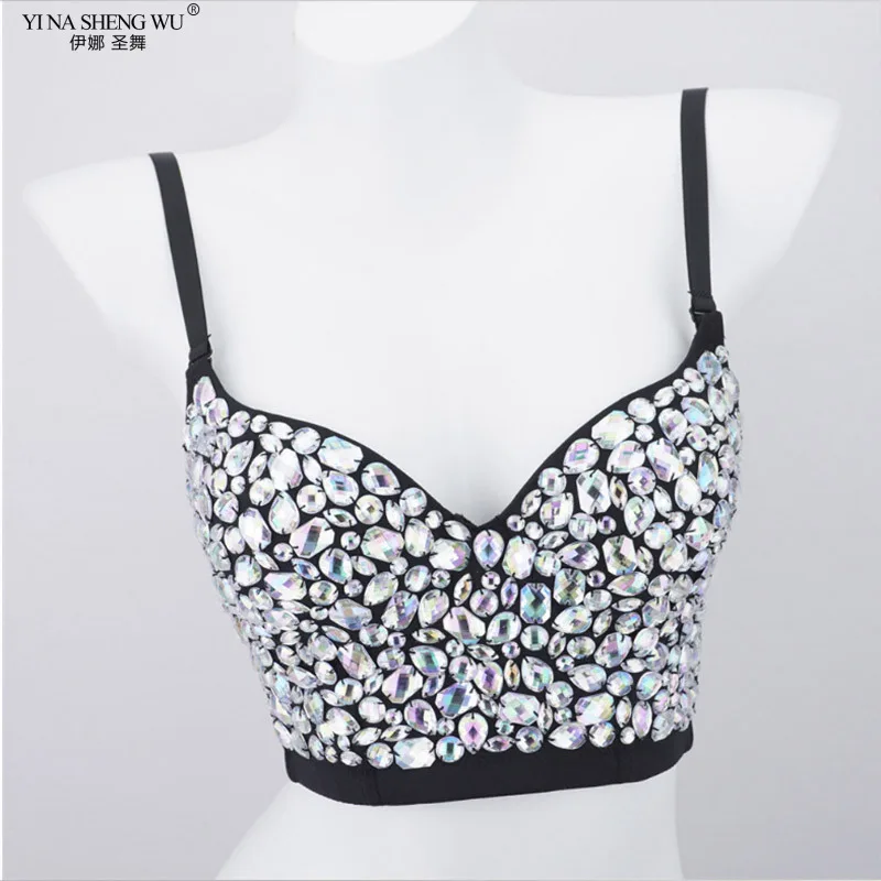 Top de diamantes de imitación de Color AB para mujer, sujetador de danza del vientre, corsé con tirantes, Top de chaleco, sujetador de lentejuelas