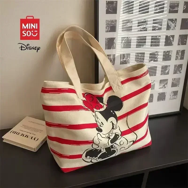 MINISO Disney 2024 New Large Capacity Canvas Bag - Mickey Mouse Cartoon Print, Stylish Shoulder & Tote Bag for Women Day Gift