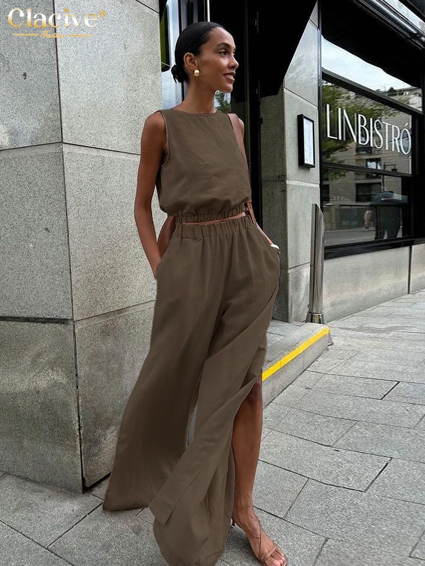 Clacive Summer Loose Brown Cotton 2 Piece Sets Women Outfit 2024 Fashion Sleeveless Tank Top With High Waist Wide Pants Set