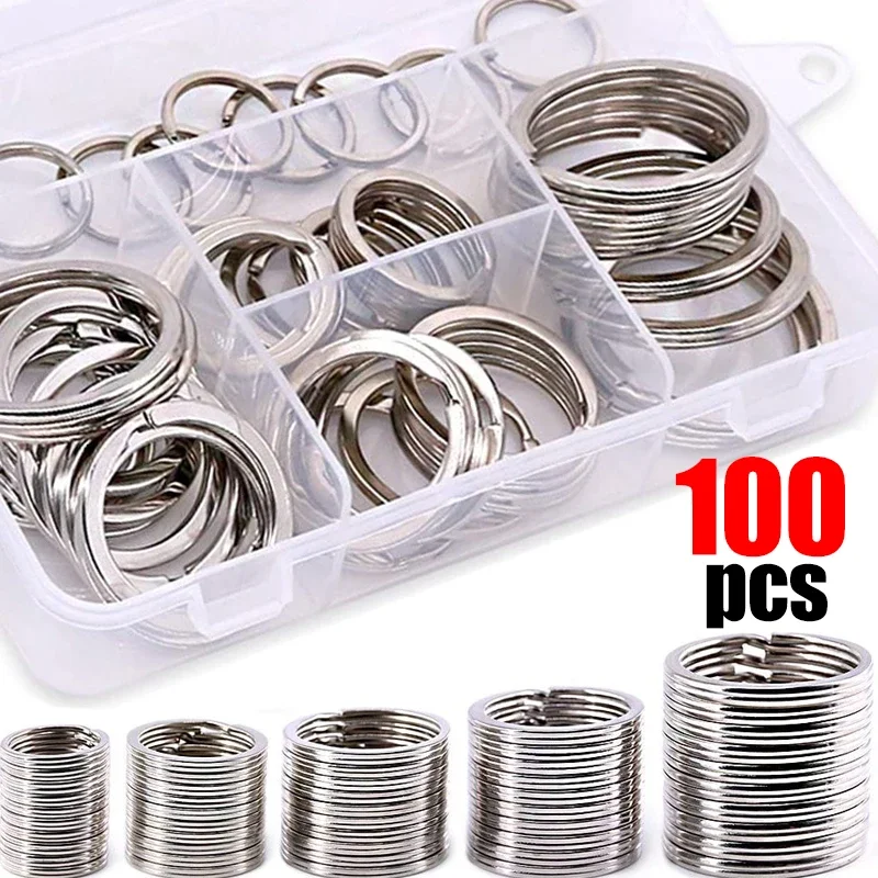 20/100Pcs Polished Silver Keyring Stainless Steel Hole Flat Key Ring Key Chain Rhodium Plated Round Split Keychain DIY Wholesale