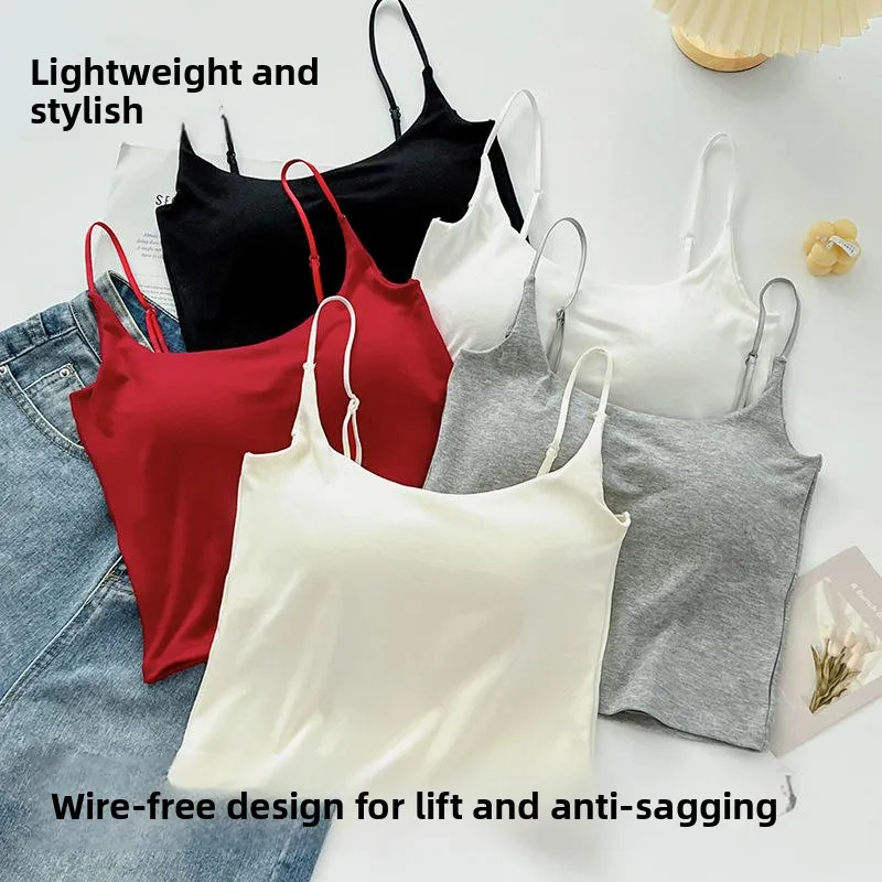 Fixed Cup Cotton Camisole Tank Top Sleeveless Slimming Innerwear Outerwear Spring Summer  Color Versatile Short Length