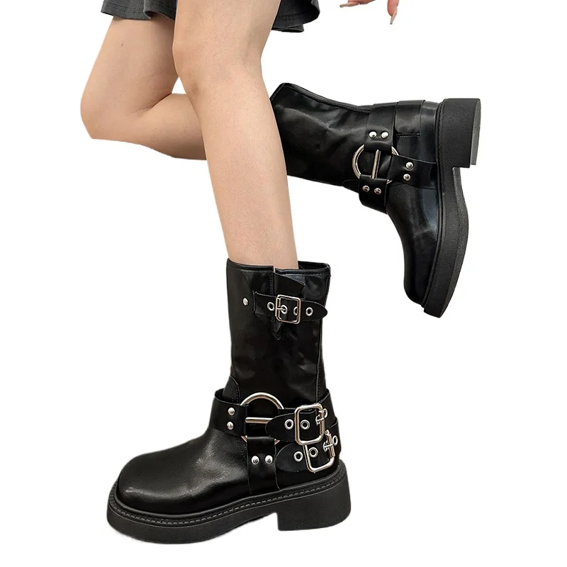 

Women's Spring New Retro Round Toe Versatile Block Heel Mid-leg Boots Metal Belt Buckle Skinny Short Boots