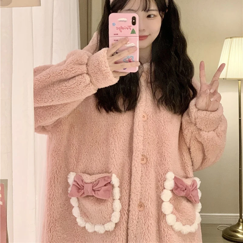 Bow Robe for Women Sleepwear Nightdress Winter Night Wears Warm Fleece Pajama One Piece Nightgown Pocket Long Sleeve Homewear