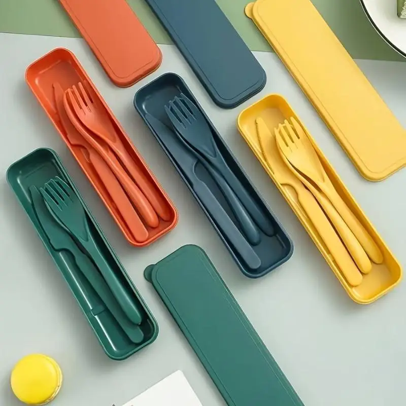 Wheat Straw Reusable Cutlery Set Pocket Size Portable Utensil Kit with Knife Fork Spoon Case for Travel Takeout Lunch