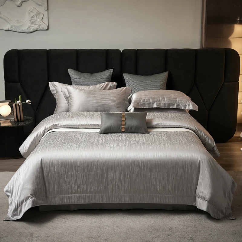 4Pcs Luxury Jacquard Egyptian Cotton Grey Bedding Set Soft Silky Duvet Cover Set, Bed Linen/Fitted Sheet, Pillowcases, Bed Set