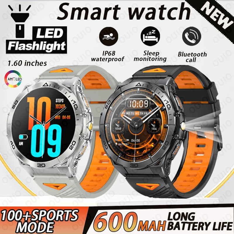 

Смарт-часы с металлическим корпусом для мужчин, 1,6-дюймовый AMOLED светодиодный фонарик, 600 мАч, AI Voice, IP68, водонепроницаемые, Bluetooth-вызов, 100 + спортивные умные часы
