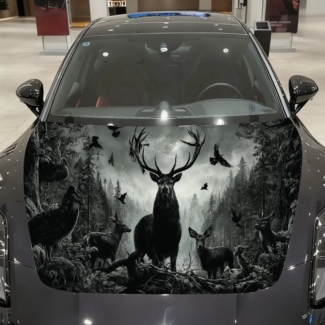 

Gloomy Forest Deer King Car Vinyl Wrap, PVC Material Waterproof Car Hood Sticker, Self-Adhesive Scratch-Resistant Stickers for E