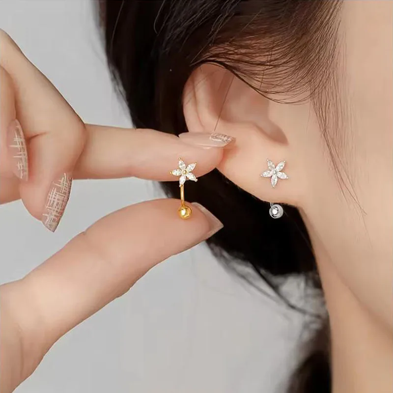 Exquisite Stainless Steel Spiral Piercing Earring Pair, Tiny Crystal Flower Hypoallergenic Stud For Cartilage & Tragus Screen