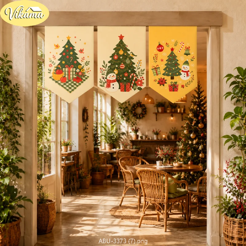 VIKAMA Christmas Triangular Bunting, Hand Painted Triangular Banners with Cute Snowman and Christmas Tree Prints, Home Decor