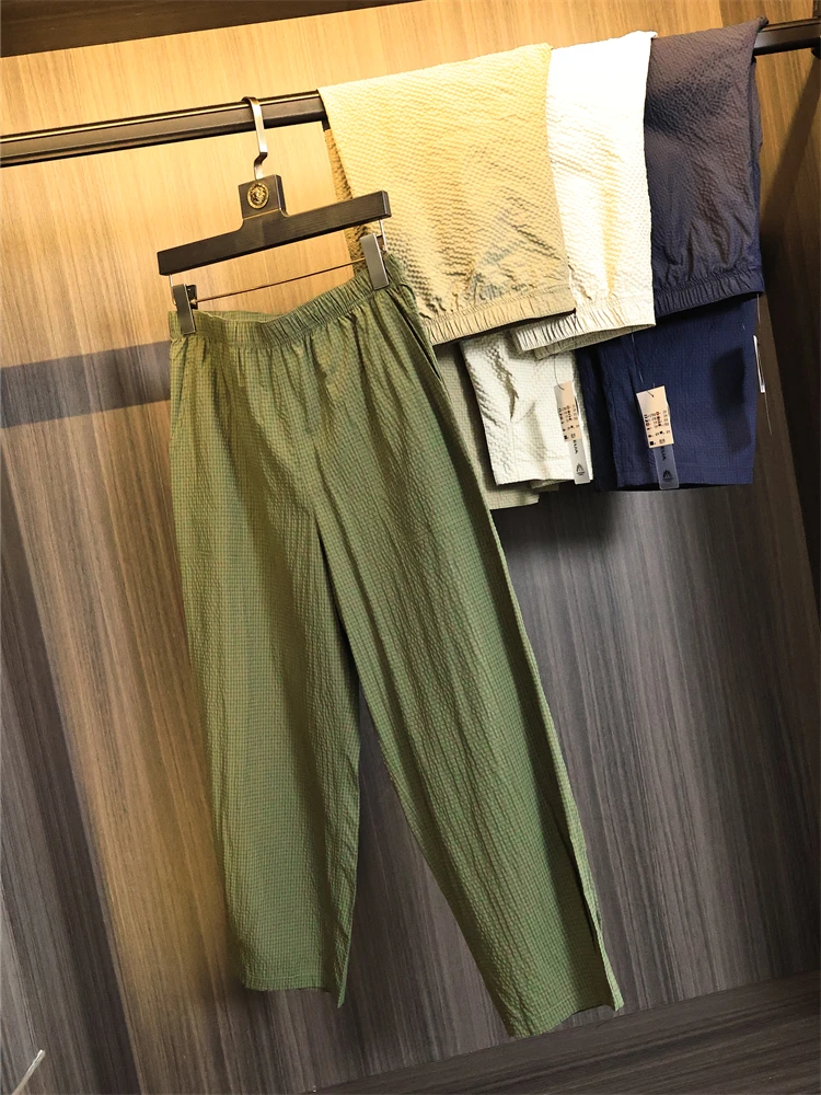 

Faionable Breathable Men's Casual Pants Elastic Waist Bubble Cloth Summer Wear Straight Leg Long Trousers Urban Sle