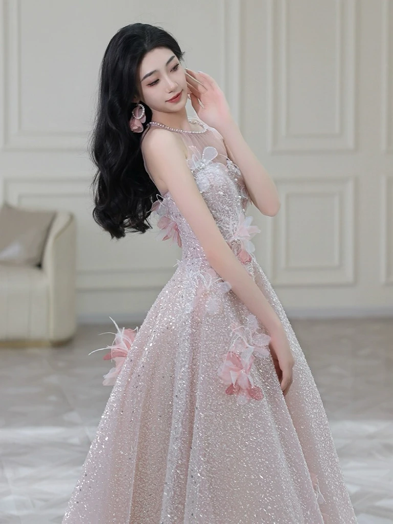 Vestido de dama de honor de lujo, apliques de flores de perlas, lentejuelas, plumas, línea A, ocasión Formal, quinceañera, dulce tostado, vestidos de noche para novia