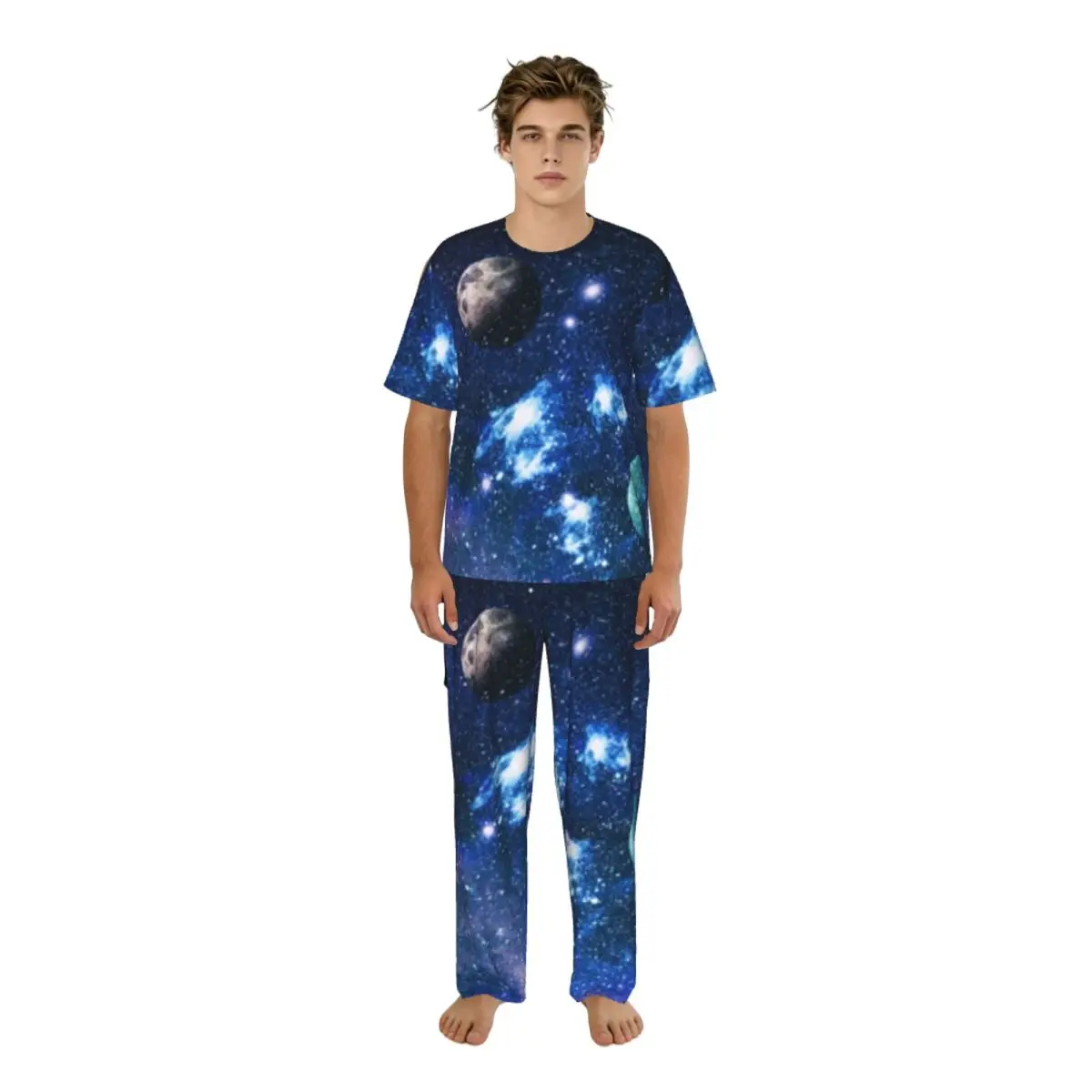 Traje de pijama para hombre, pantalones largos de manga corta, ropa de dormir con estrellas y galaxias de la nebulosa, conjunto de ropa para el hogar de verano