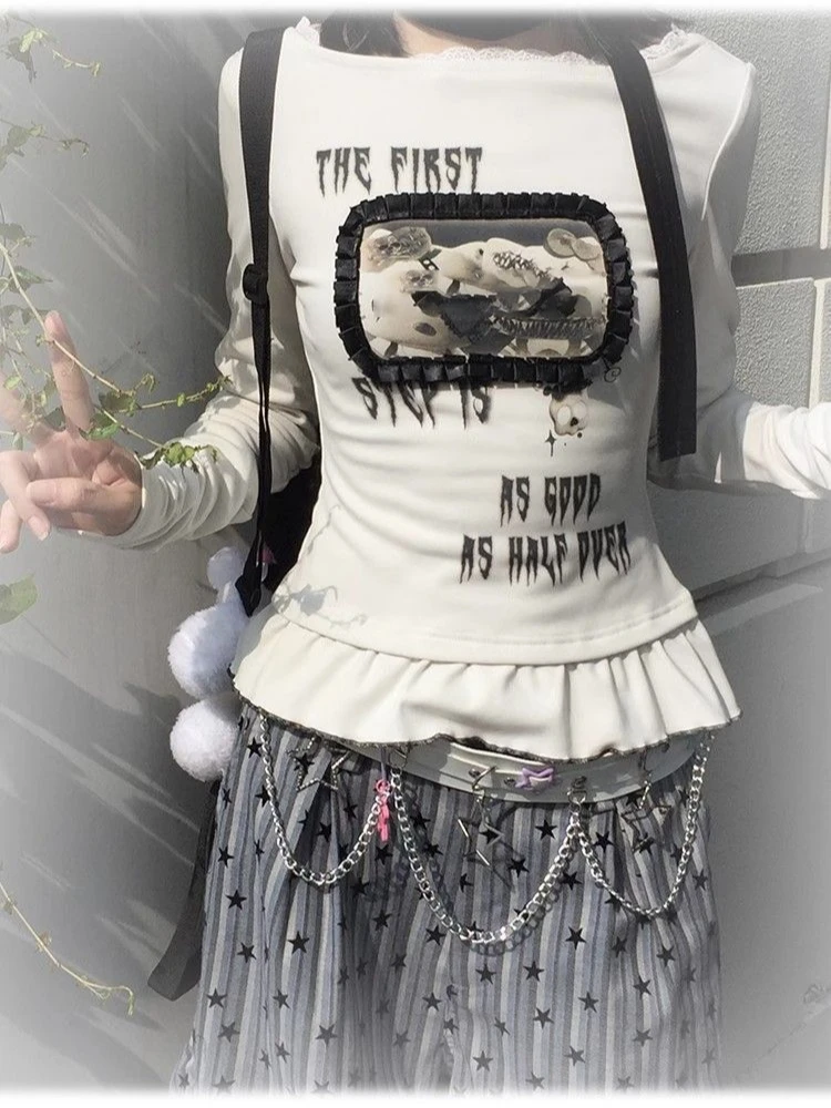 Harajuku impressão dos desenhos animados bonito camisetas streetwear fino ajuste y2k estética babados outono camisas femininas grunge blace retalhos topos