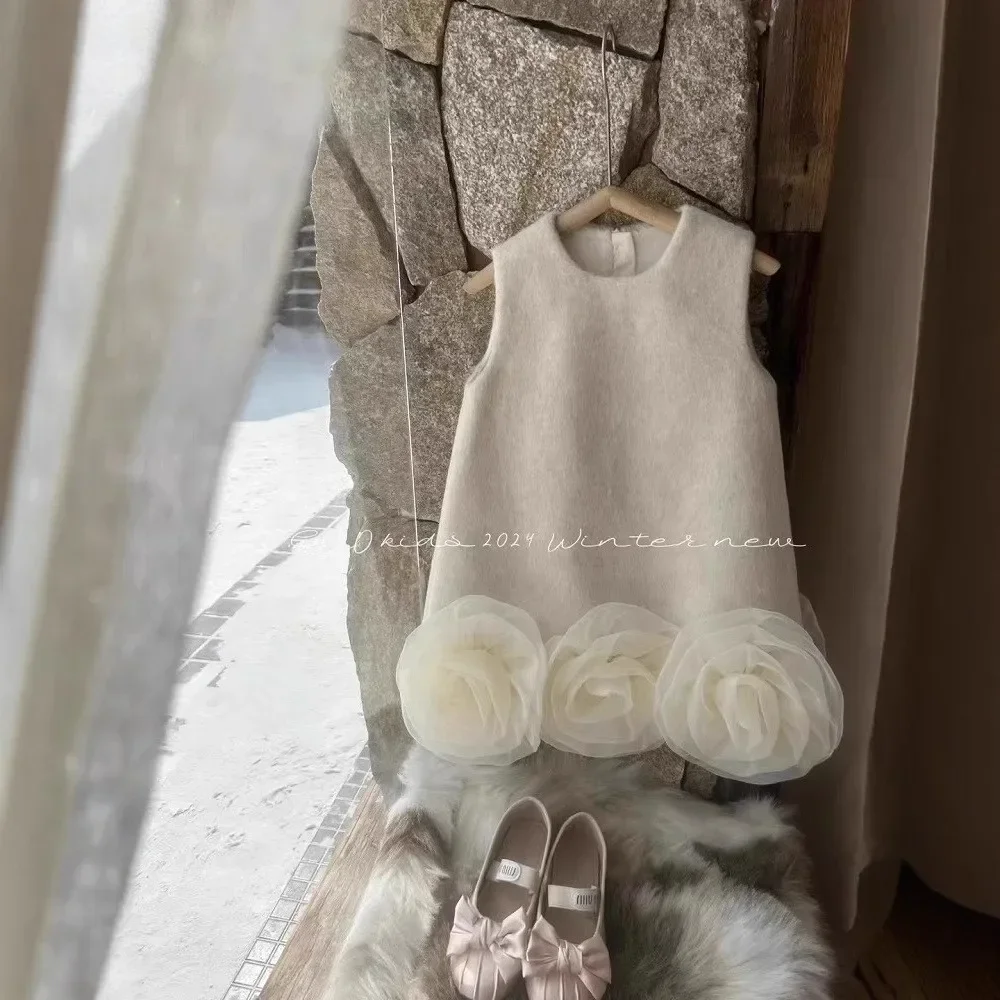 Childrens Clothing Dress 2024 New for Childrens Autumn and Winter Fashionable Flower Vest Dress for Baby Girls