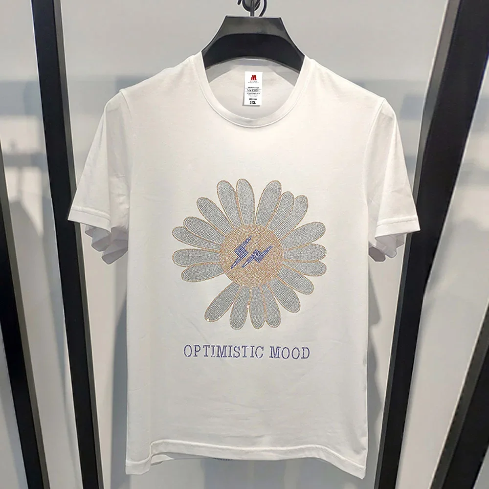 Men\'s Sunflower Sparkle Diamond T-shirts For Men O-neck Design Short Sleeve T shirt Cotton Tops S-5XL Oversize Man clothing