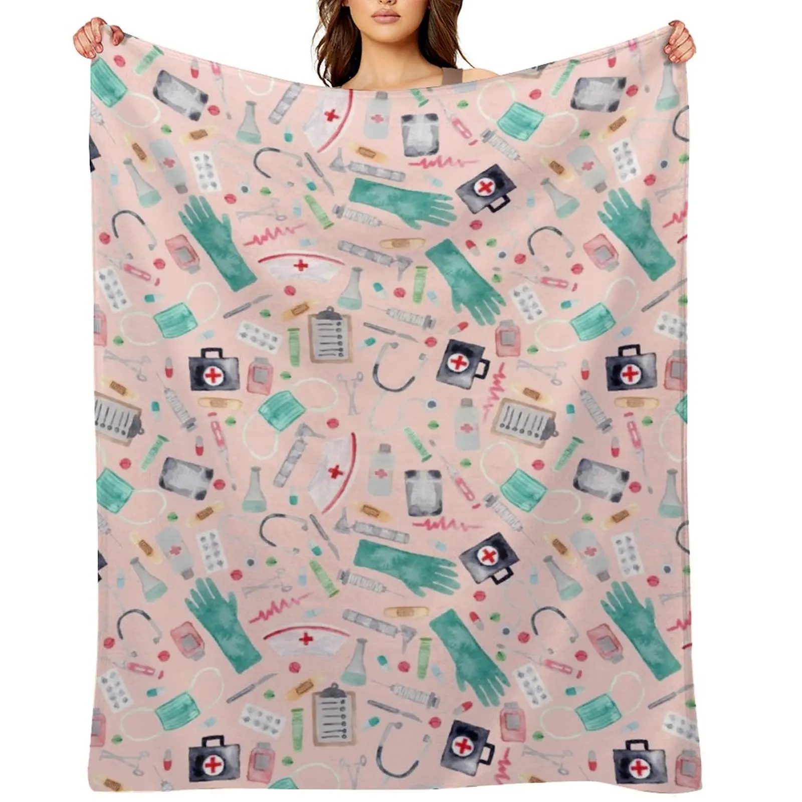 

Medical Pattern Doctor Nurse Watercolor Pink Texture Throw Blanket Thermals For Travel Summer Furrys Blankets