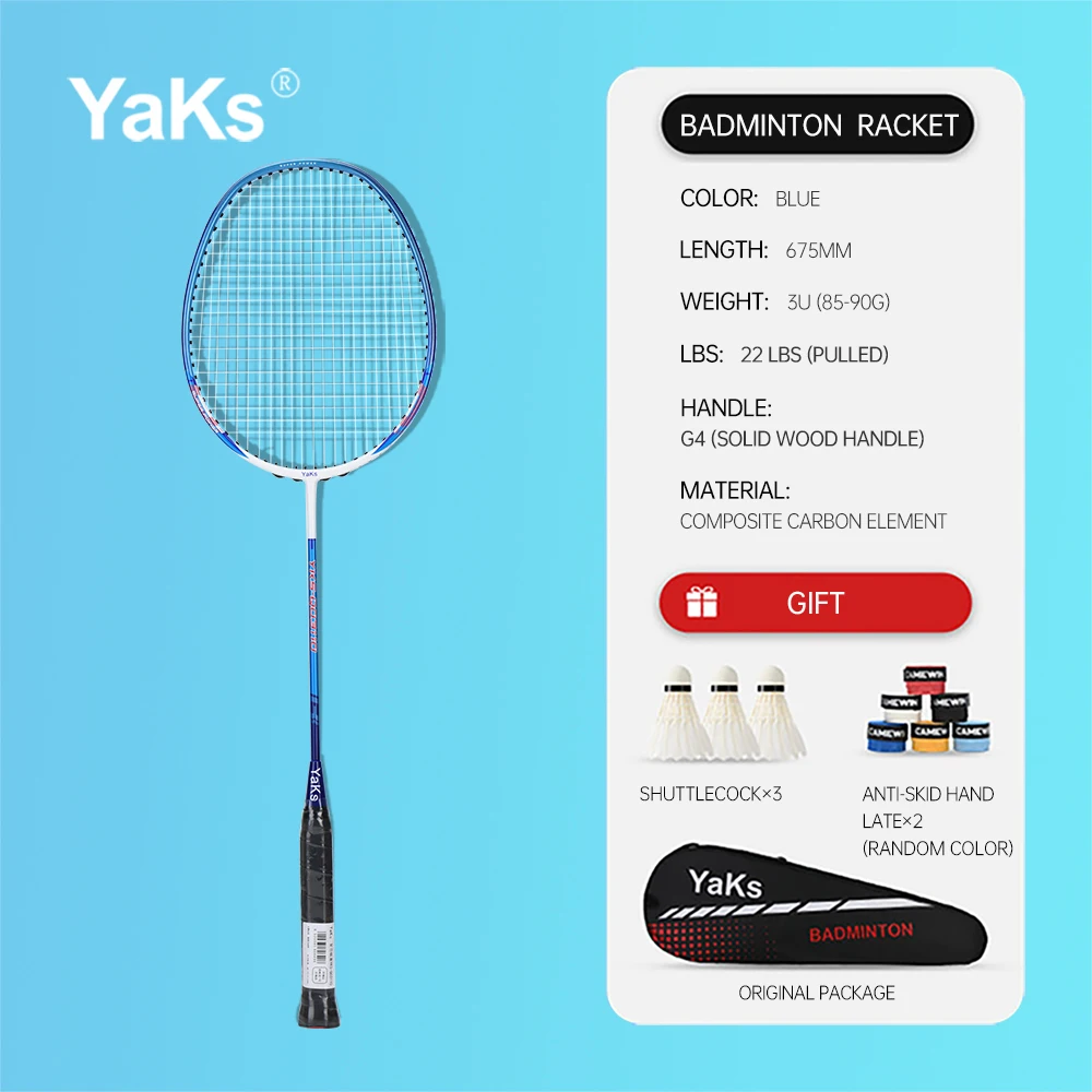 YaKs Official Authentic 2023 New Carbon Fiber 4U Badminton Racket 67CM Attack Defense Badminton Racket 22 Pound Badminton Racket