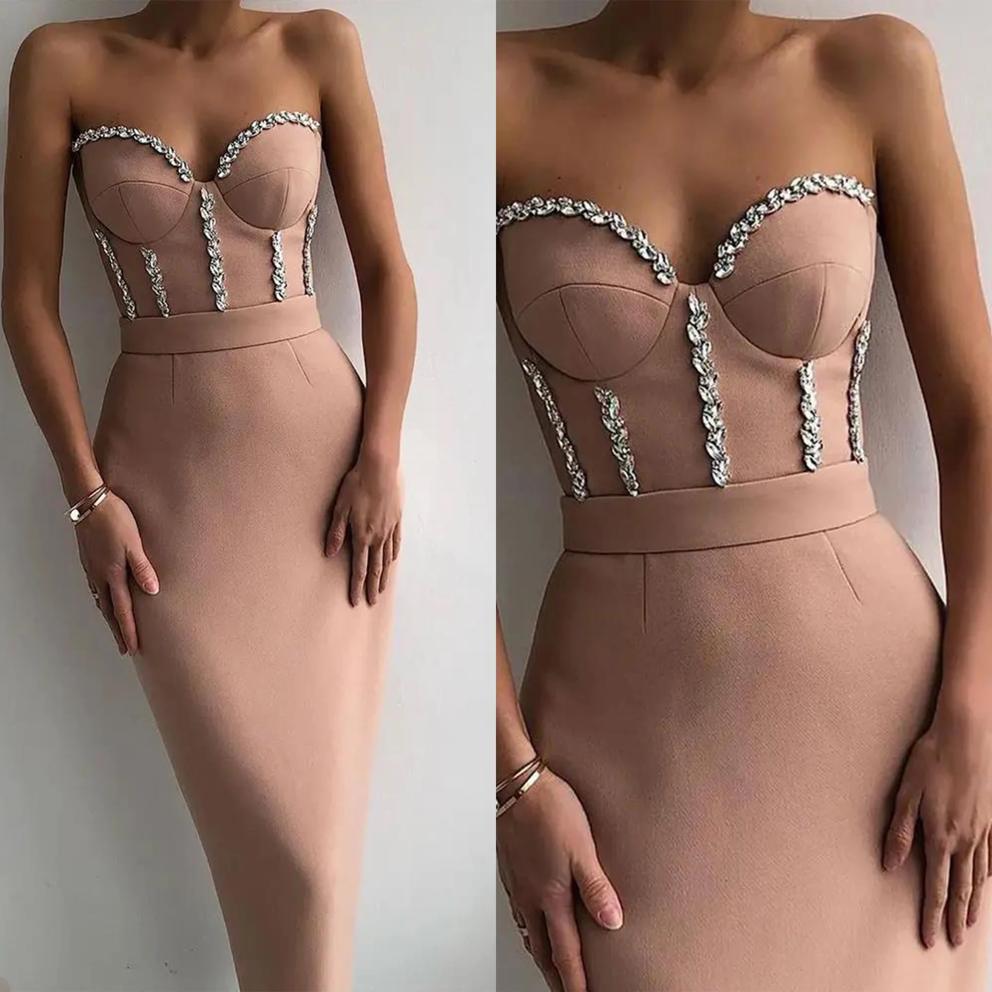 Fashion Evening Dresses For Women Sweetheart Neck Strapless Gown Crystal Sleeveless Long Dress In Stock