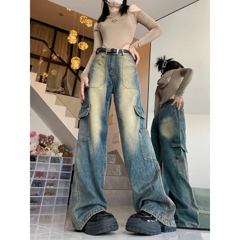

Jeans Women Vintage Clothing Cargo Pockets Denim Y2K Baggy Fashion Streetwear Style Korean High Waist Wide Leg Loose
