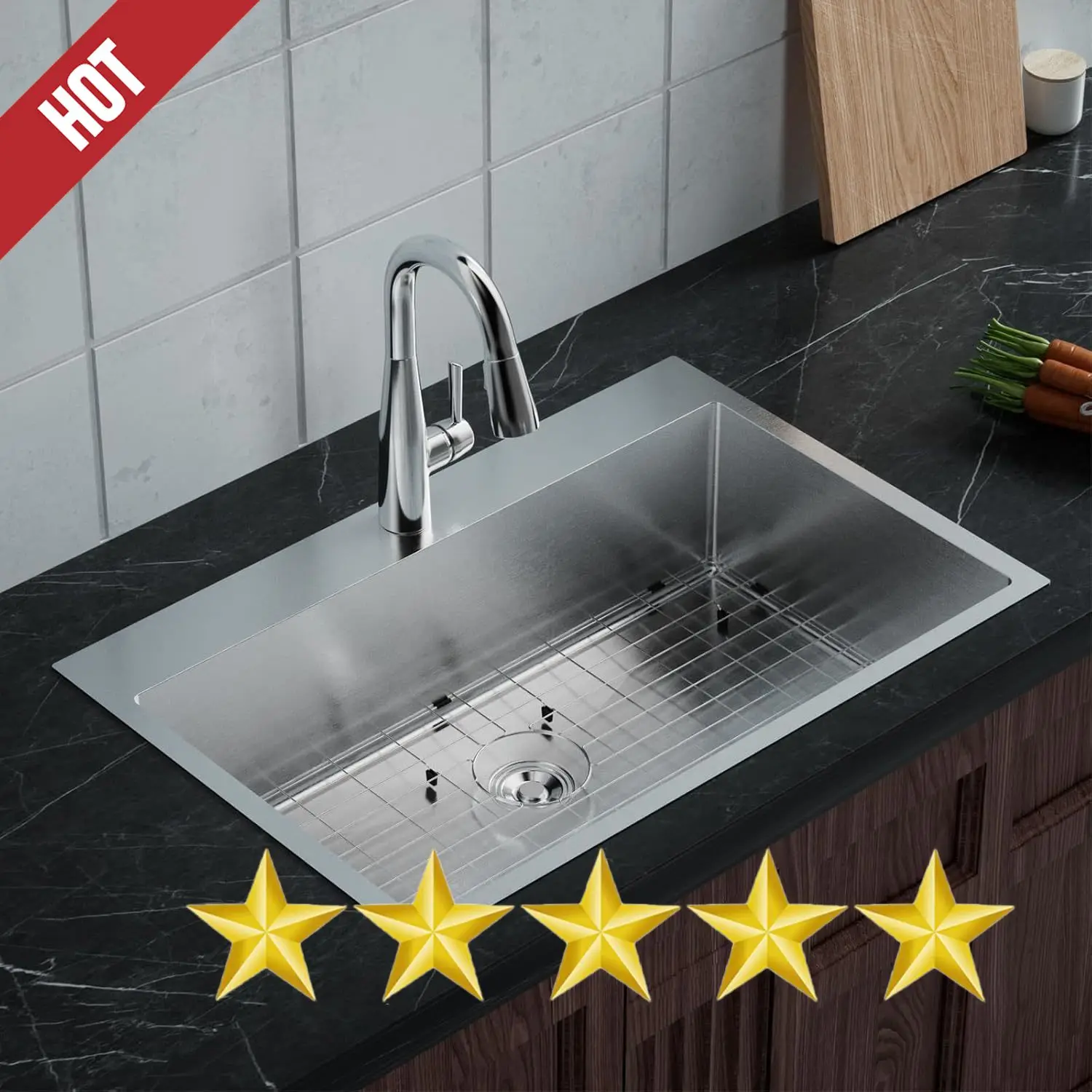 33Inch Top mount Kitchen Sink Drop-in, Farmhouse Kitchen Sink with Sink Protector 18 Gauge, Workstation Sink, Stainless Steel