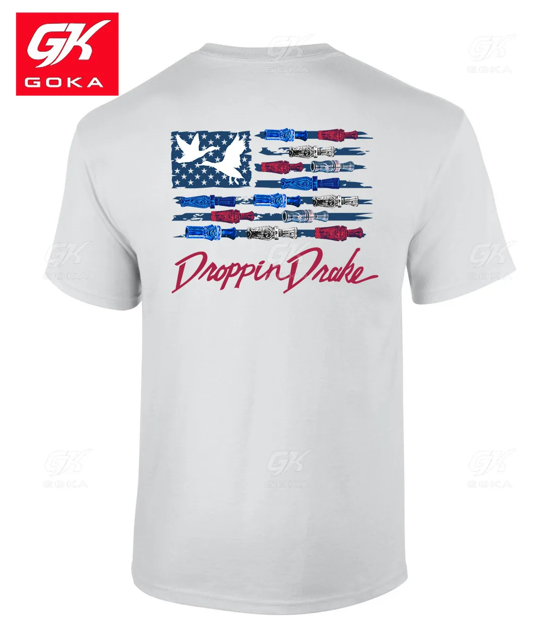 Droppin Drake Mens USA Duck Call Flag Red White & Blue Red Lettering Mens Tshirts Cotton Graphic Clothing Tees  Vintage Tops