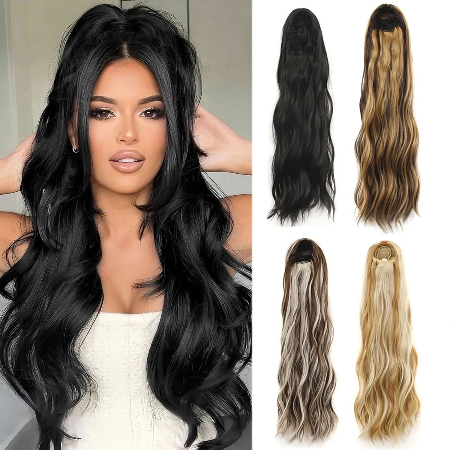 24inches Synthetic Ponytail Hair Extension Clip in Fake Wig Hairpiece Blonde Wrap Around Pigtail Long Smooth Overhead Pony Tail