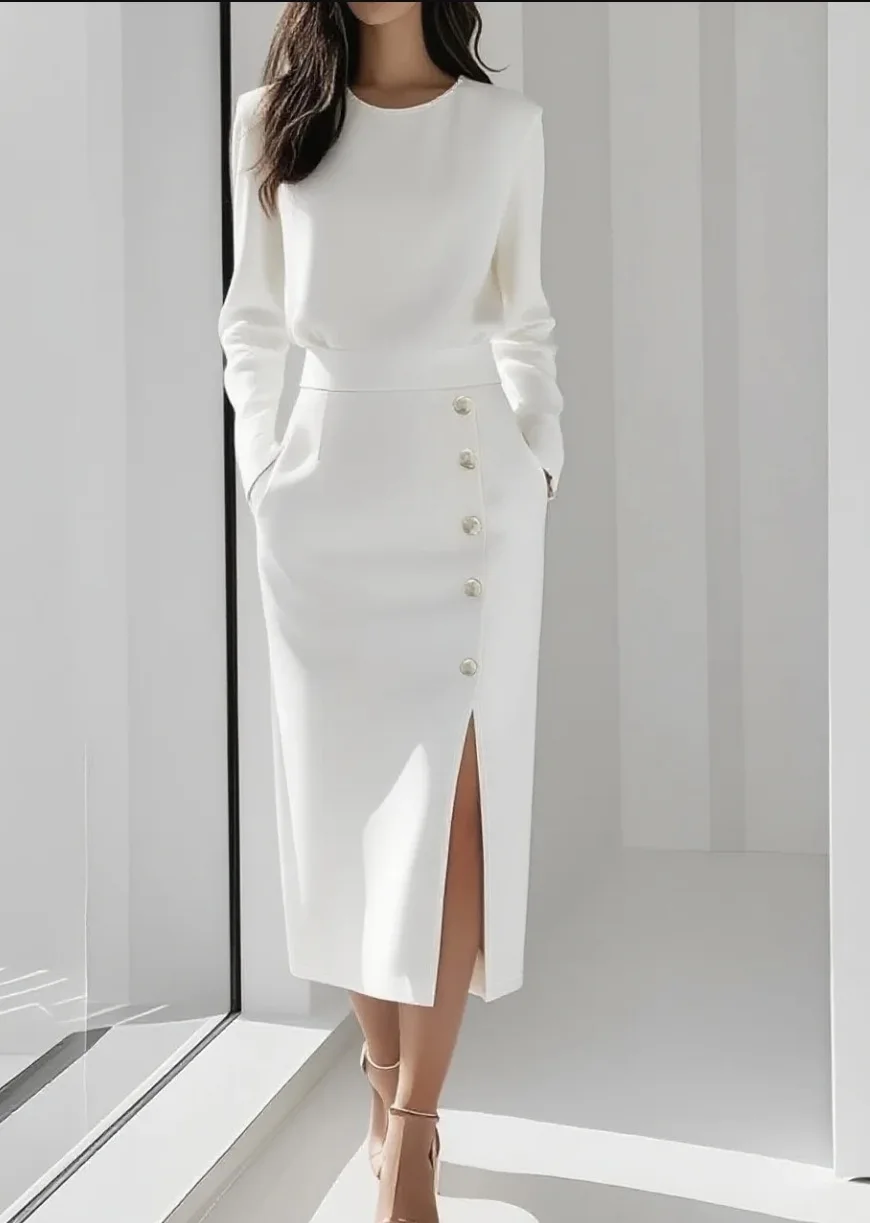 

Women's Solid Color Long Sleeves Elegant Midi Dress with Button Details and Side Slit - Crew Neck