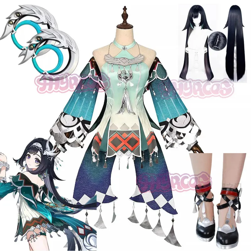 

Genshin Impact Lan Yan Cosplay Costume Wig Dress Headwear Earrings 40CM Prop Liyue Spring Woven From Jade Halloween Party Women