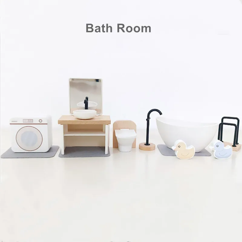 Wooden Dollhouse Furniture Set Mini Nordic Style Home Décor Accessories Pretend Play Miniature House Kit for Toddlers