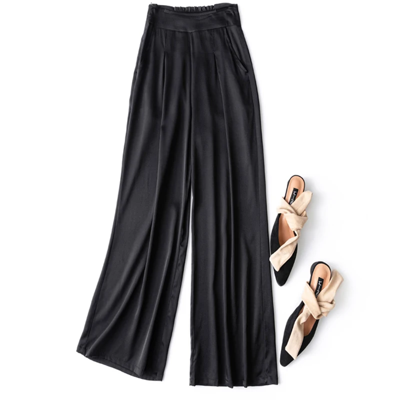 

93% Mulberry Silk 7% Spandex 19 momme Georgette Silk Women Wide Leg Long Pants Trousers With Pockets Navy Black M L XL 2MM570