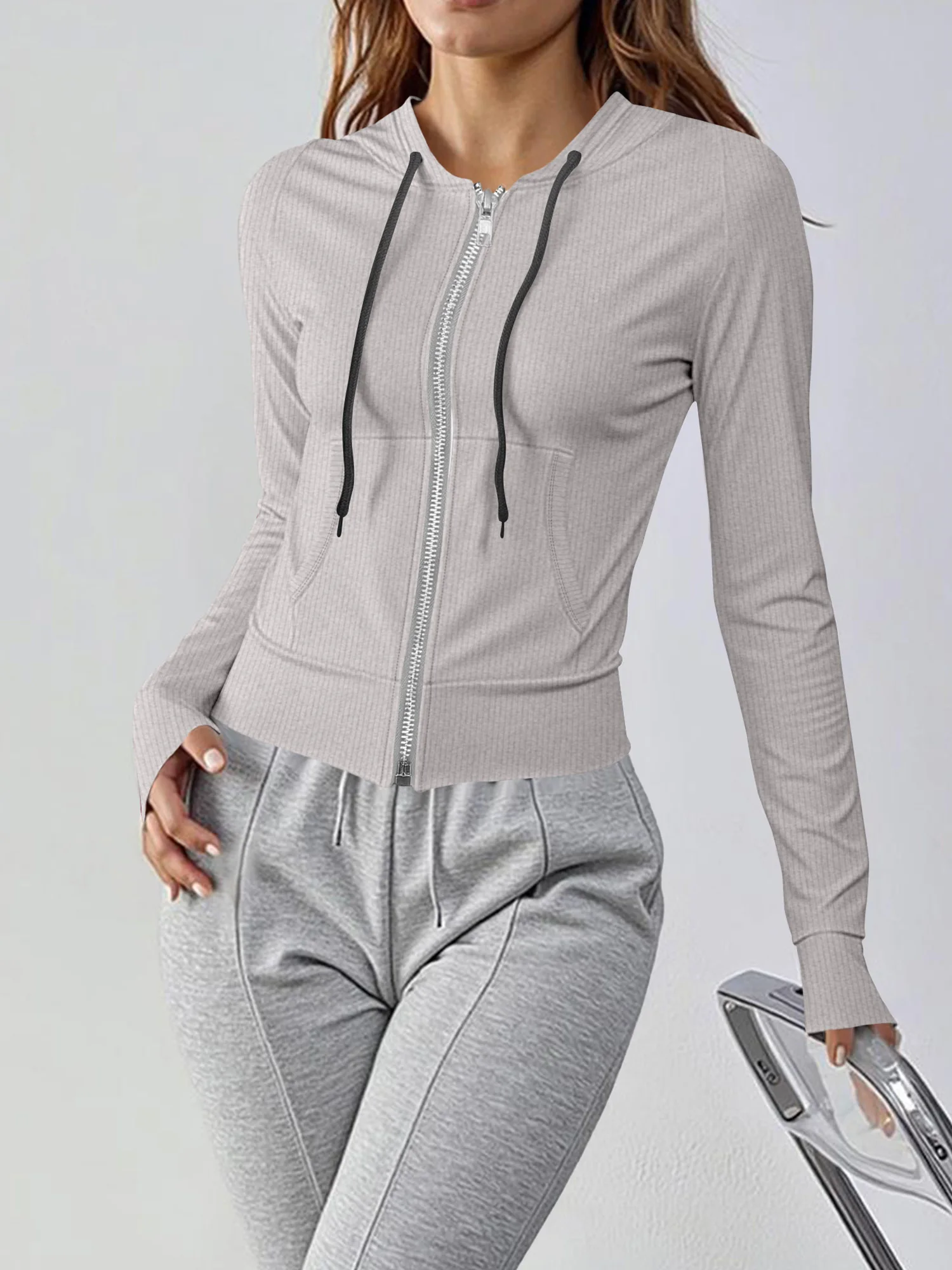 Fashion Womens Full Zip Ribbed Knit Hoodie Long Sleeve Pocket Slim Cropped Cardigan
