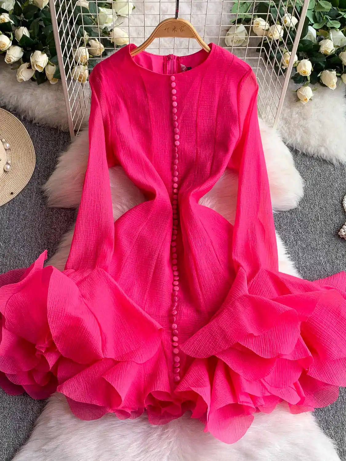 

Women's Rose Red A-line Mini Dress 90s Vintage Elegant Long Sleeve Evening Dress Y2k One Piece Frocks 2000s Clothes Summer 2025