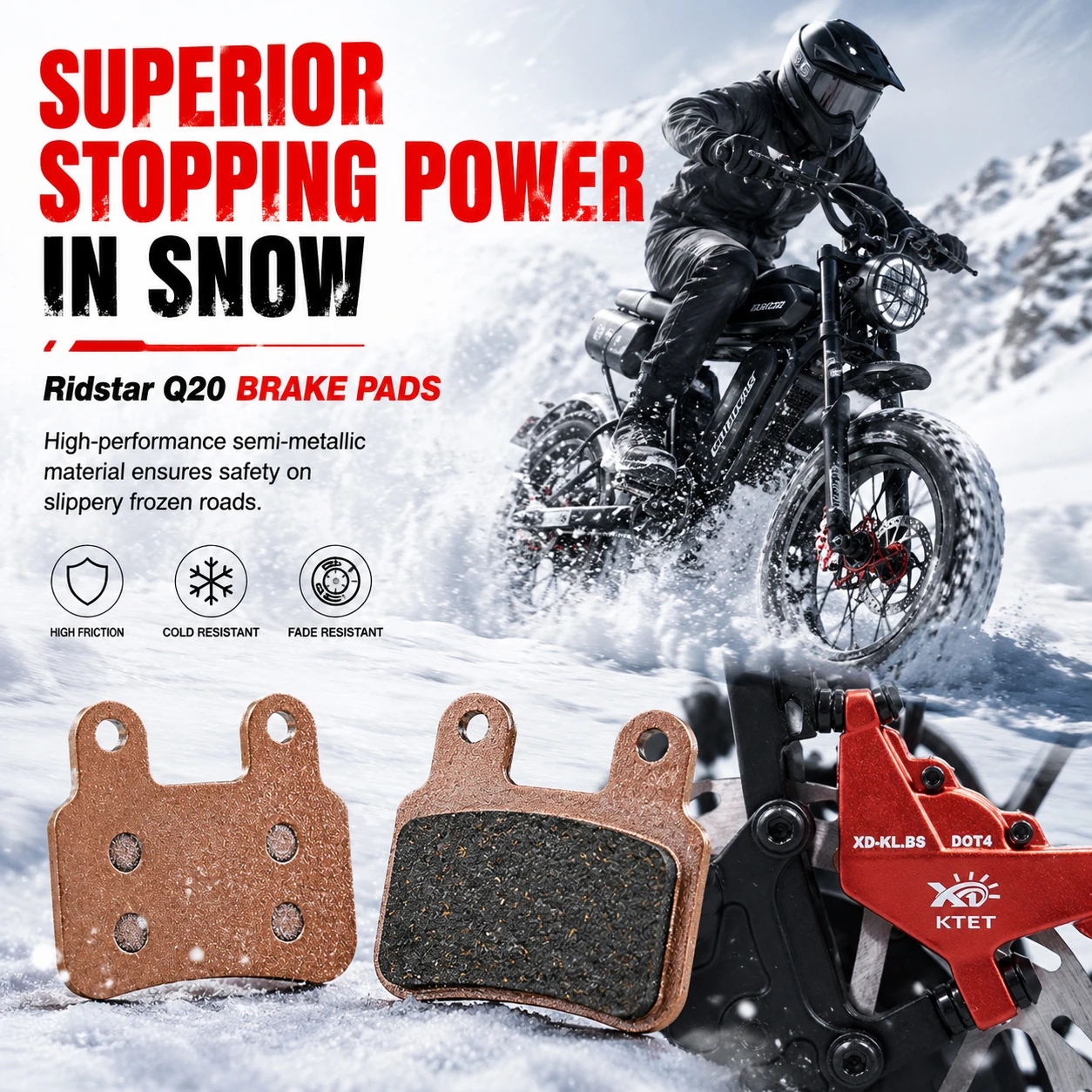Ridstar Q20 Brake Pads Semi-Metallic 2 Pairs for KTET XD-KL.BS 2 Piston Caliper Ebike Motorbike Disc