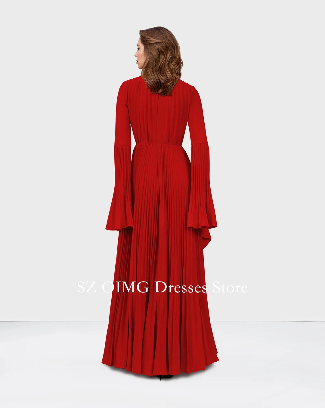 OIMG New Design High Neck Red Prom Dresses Bell Cuffs Tiered Dress A-Line Crepe Satin Women Evening Gowns Formal Party Dress