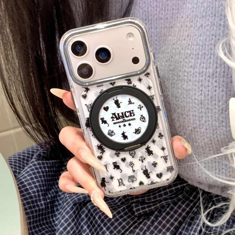 

Fashion Black Cute Alice Girl Party Pattern Phone Case For iPhone 17 Pro 16 15 Pro Max Back Cover with Stand Shockproof Cases Fu
