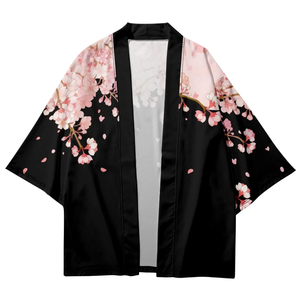 Asian Traditional Clothes Pink Floral Printed Japanese Kimono Men Women Loose 7 Sleeve Harajuku Haori Fashion Beach Cardigan