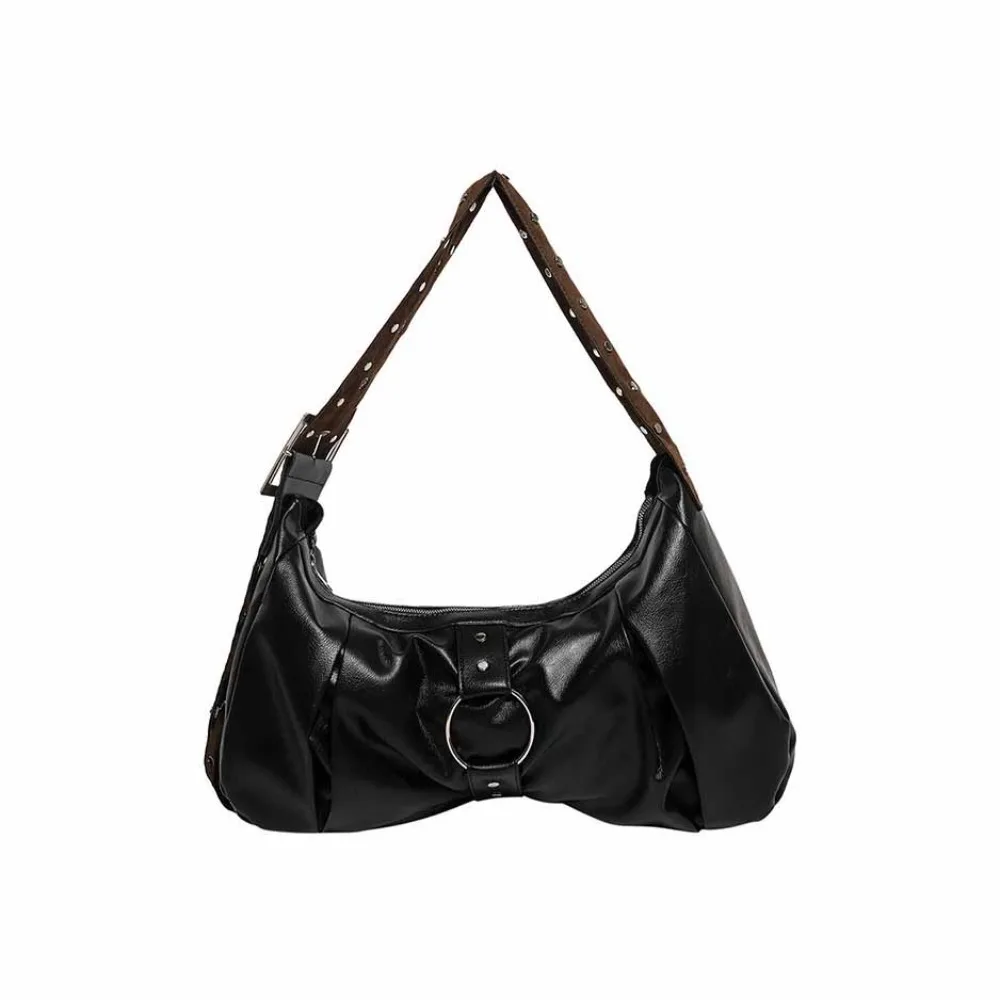 

PU Leather Wide Strap Rivet Crossbody Bag Retro American Style Large Capacity Locomotive Style Underarm Bag Fashion Design