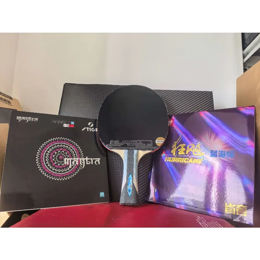 Friendship Blue Arylate Carbon AD Blade Custom Assembled Ping Pong Racket Stiga Mantra DHS National Blue Sponge Rubber Pre-taped