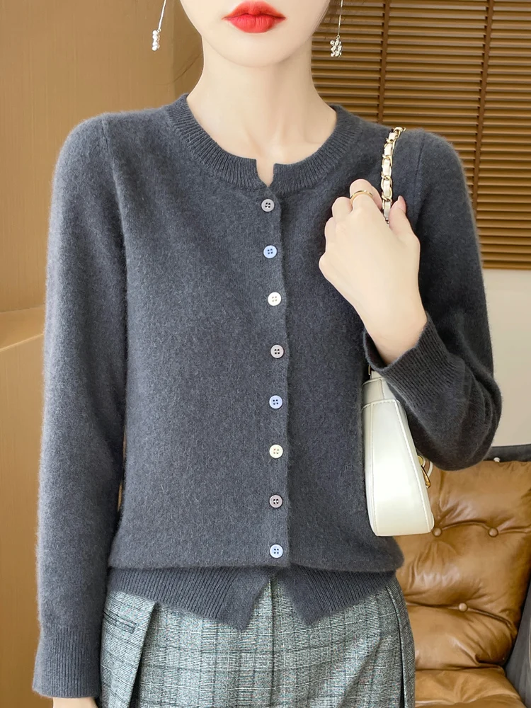 100% Merino Wool Sweater Women O-neck V-neck Cardigan Office Lady Knitwear Grace Cashmere Autumn Winter Comfortable Clothing Top