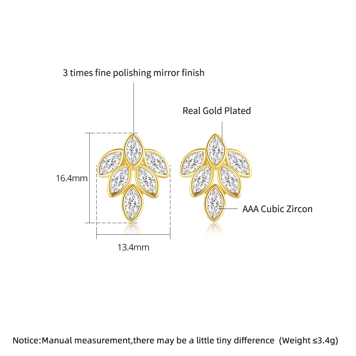 LUOTEEMI Leaf Gold Color Cubic Zirconia Stud Earrings Stunning Brilliant Special Design Earring for Women Bridal Wedding Jewelry