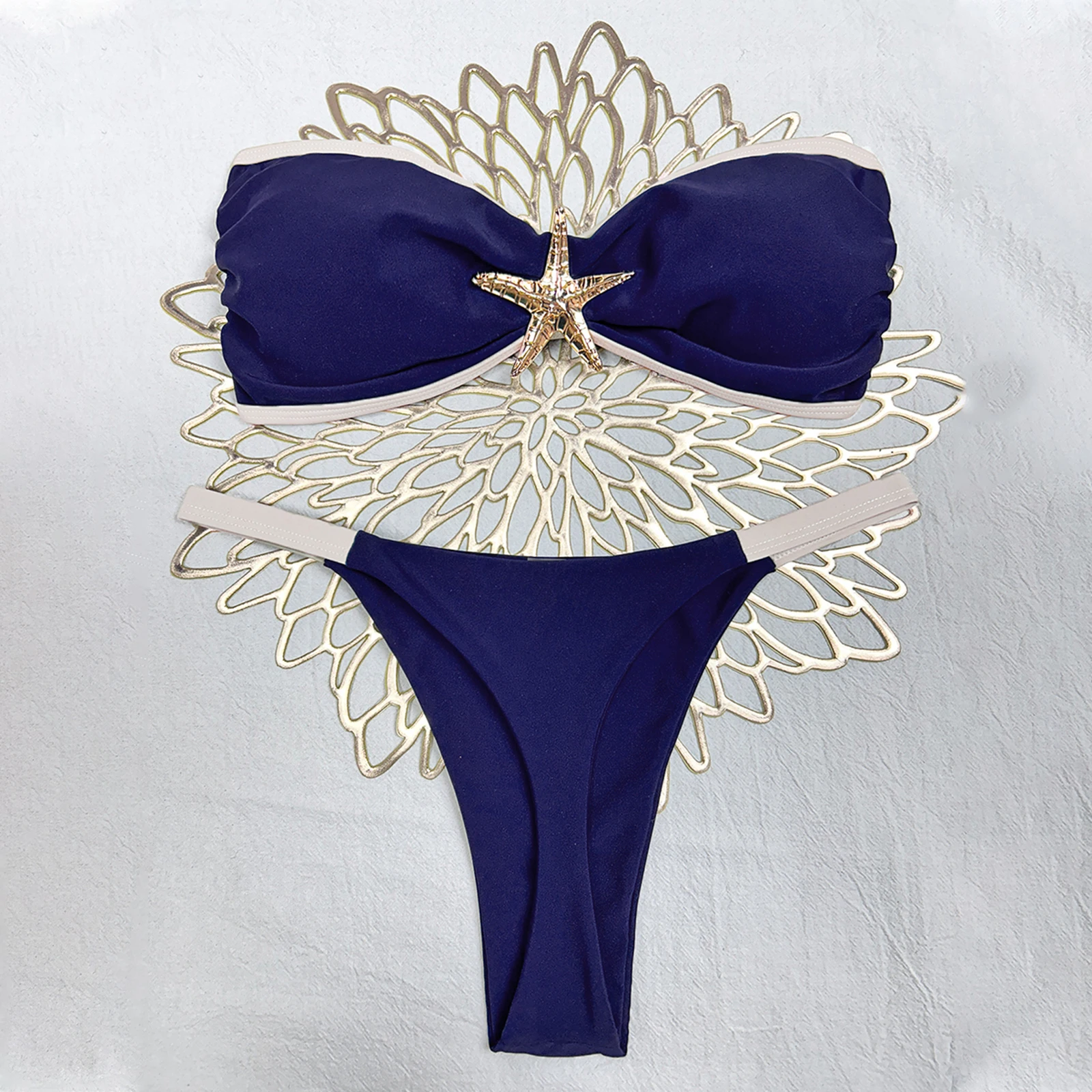 

Women Bandeau Bikini Strapless Sleeveless Starfish Decor Bra and Low Rise Thongs 2pcs Bathing Suit Brazilian Swimsuit Beachwear