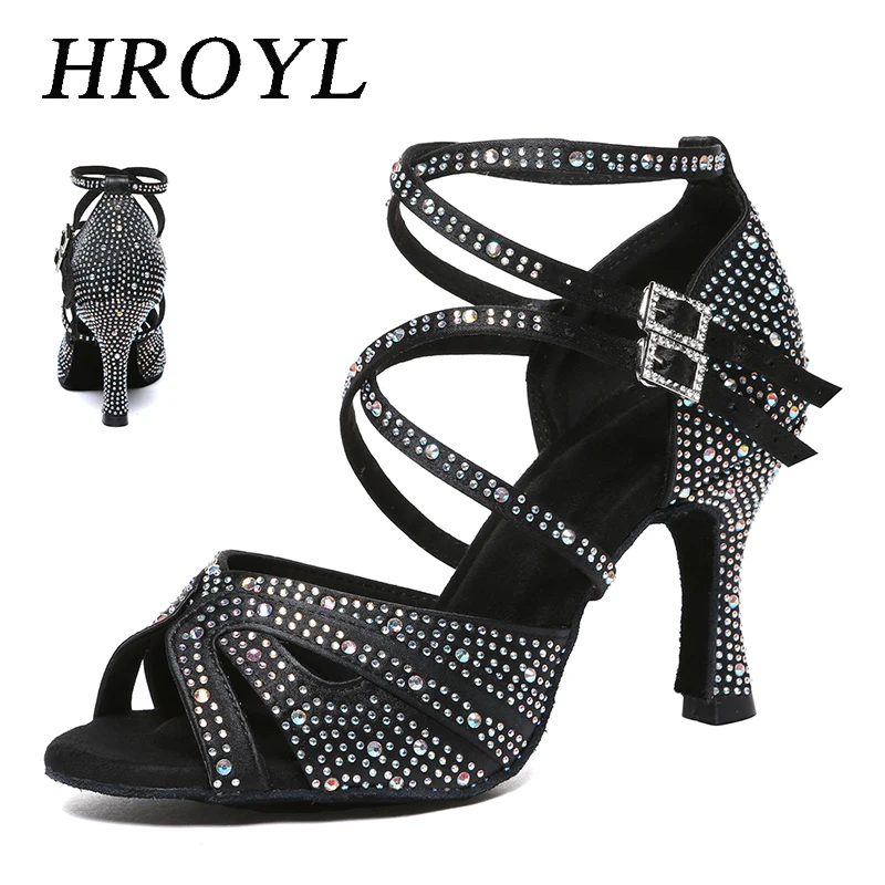 HROYL High-heeled Women's Latin Dance Shoes 6-10 cm Flash Cloth Ballroom Dance Shoes Soft-soled Party Wedding Rhinestone Shoes