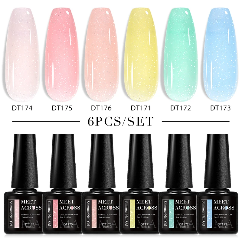 

MEET ACROSS 6PCS/Lot Pink Jelly Glitter Nail Gel Set Tiny Shiny Translucent Gel Varnish Soak Off UV Gel Nail Polish Nail Art 7ML