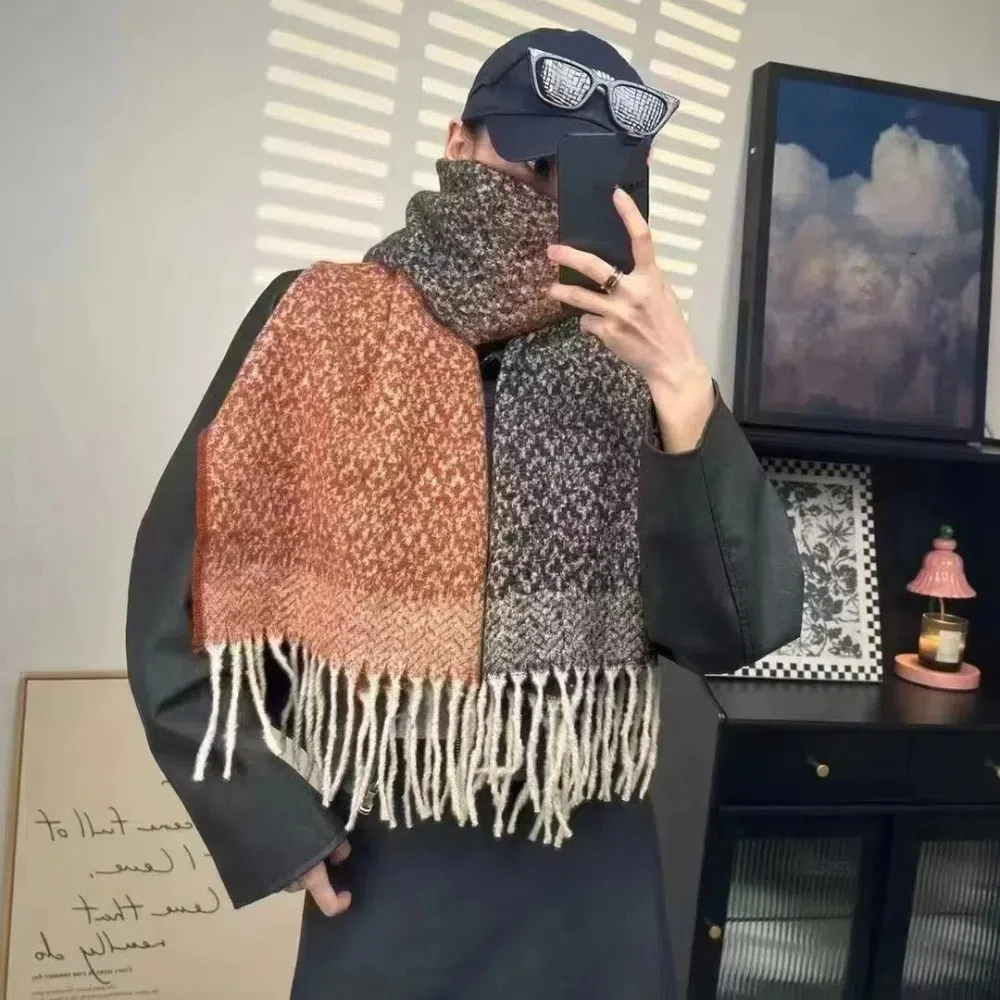 

Acrylic Fibres Gradient Knitted Scarf Long Soft Contrast Colored Thick Shawl Warm Korean Style Double-sided Tassel Scarf Outdoor
