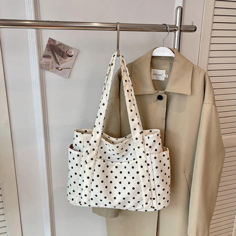 Koreanische Vintage Polka-Dot-Tragetasche für Frauen, Große Kapazität, Einzel-Schulter-Handtasche, Lässige Alltags-, Schul- und Pendler-Schultertasche – Detail 7