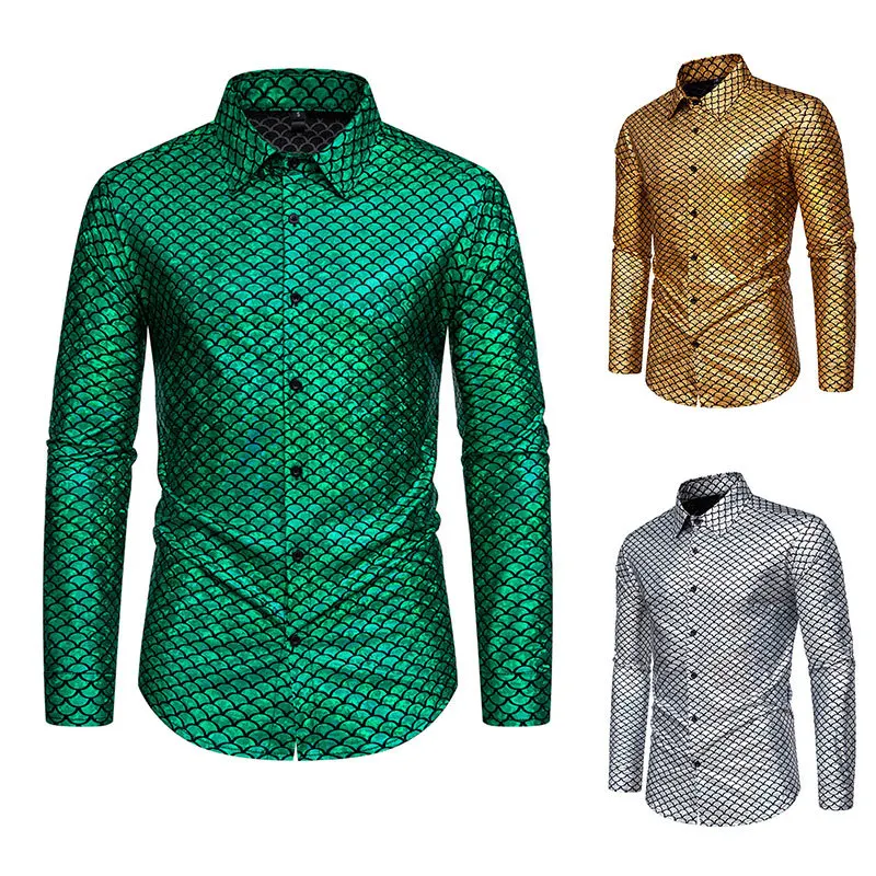 

Men's Shirts for Spring and Summer, Fish Scale Hot Stamping Stage Costume, Banquet Fashion, Men's Long Sleeved Shirts