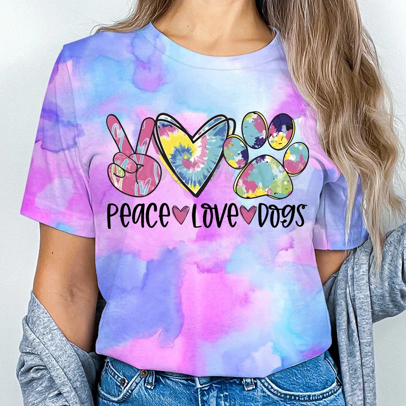 

Peace Love Dogs Print T-shirts, Dog Lover Shirt, Tie Dye T-shirt, Summer Short Sleeve Crew Neck Casual Tops, Women's Clothing